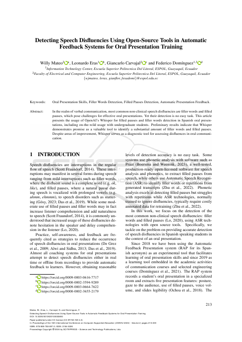 Detecting Speech Disfluencies Using Open-Source Tools in Automatic Feedback Systems for Oral Presentation Training